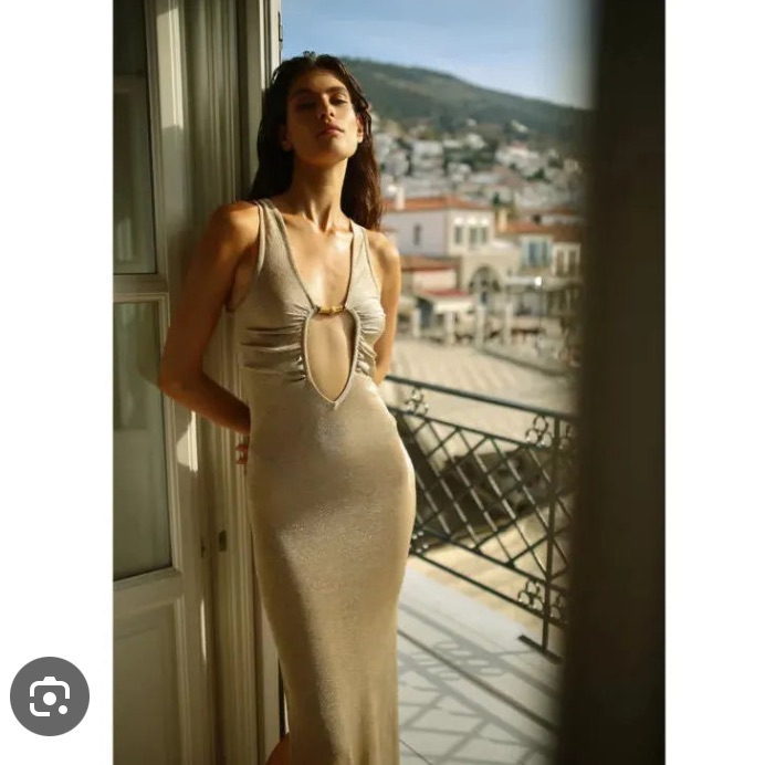 Shani Shemer Swim Fwrd Resortwear Sheer Metallic Gold Cutout Slit Maxi Dress Xs